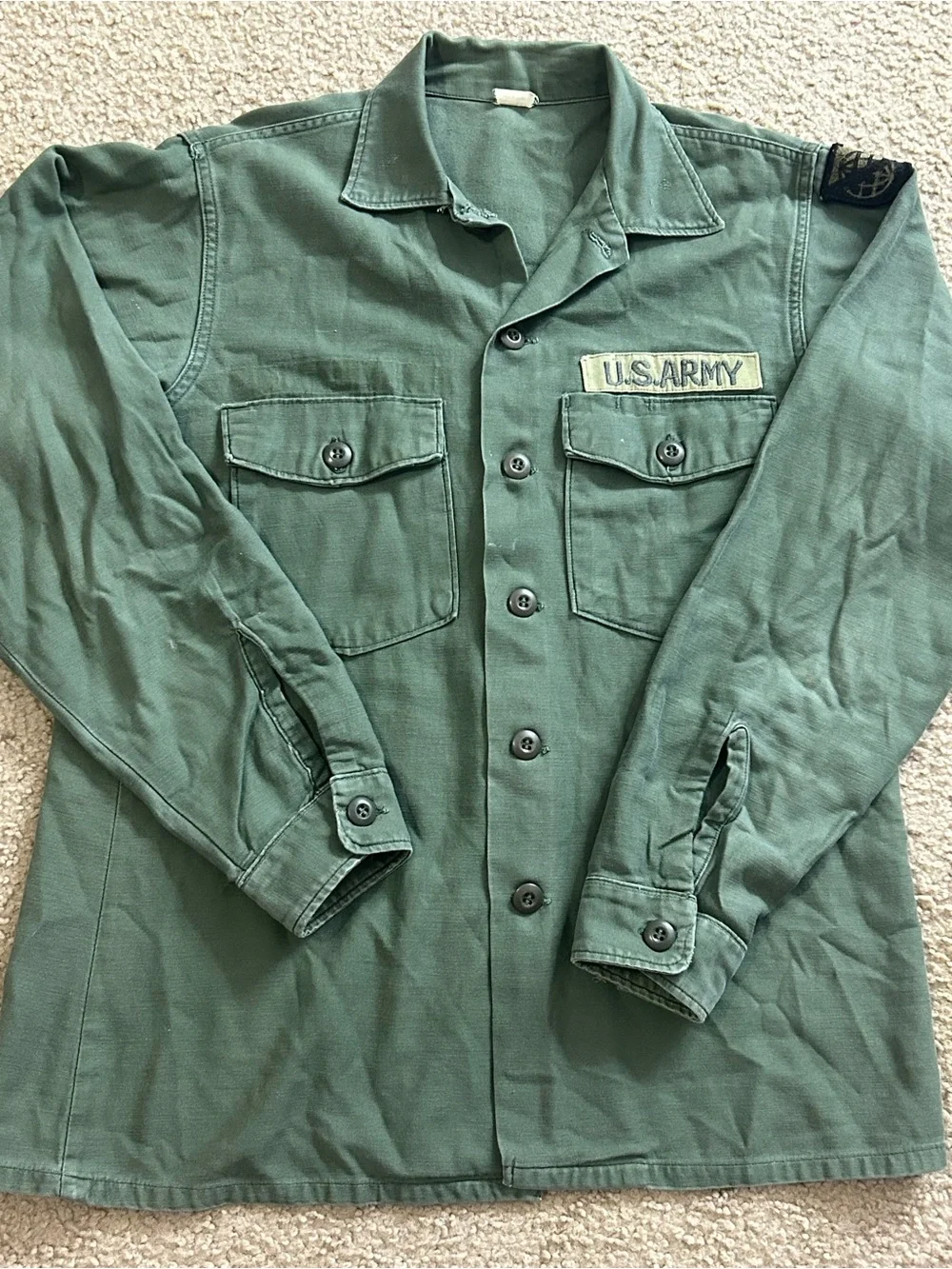 Vintage 1972 OD OG-107 Utility Button Up Sateen Shirt Size 15 1/2 X 35 US Army
